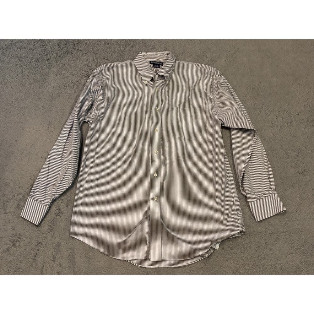 Lands End Mens 15.5 33 Regular Striped Button Down Shirt Cotton Navy White